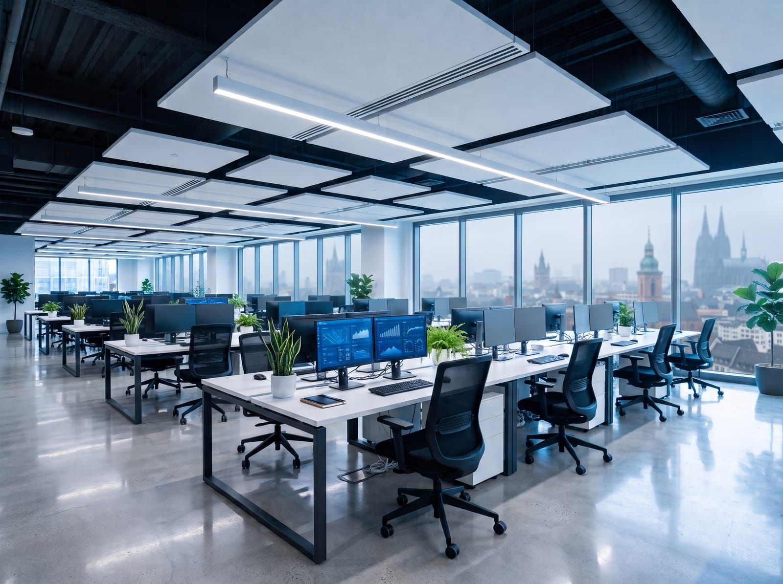 Arbeitsplätze in einem Büro mit Bildschirmen